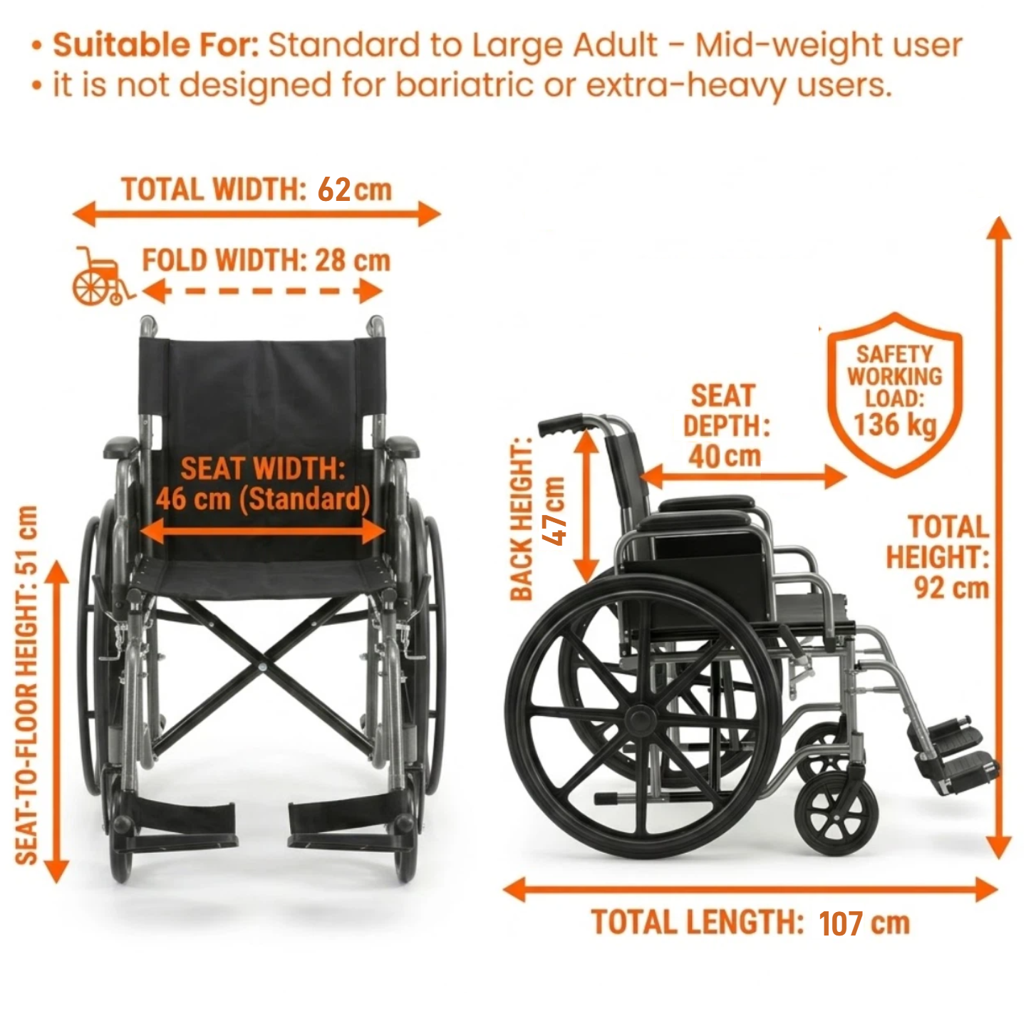 Specifications of the Altus wheelchair: overall width 62cm, folded width 28cm, seat width 46cm, seat depth 40cm, seat height 51cm, backrest height 40cm, total height 92cm, total length 107cm, and maximum safe user weight 100kg.