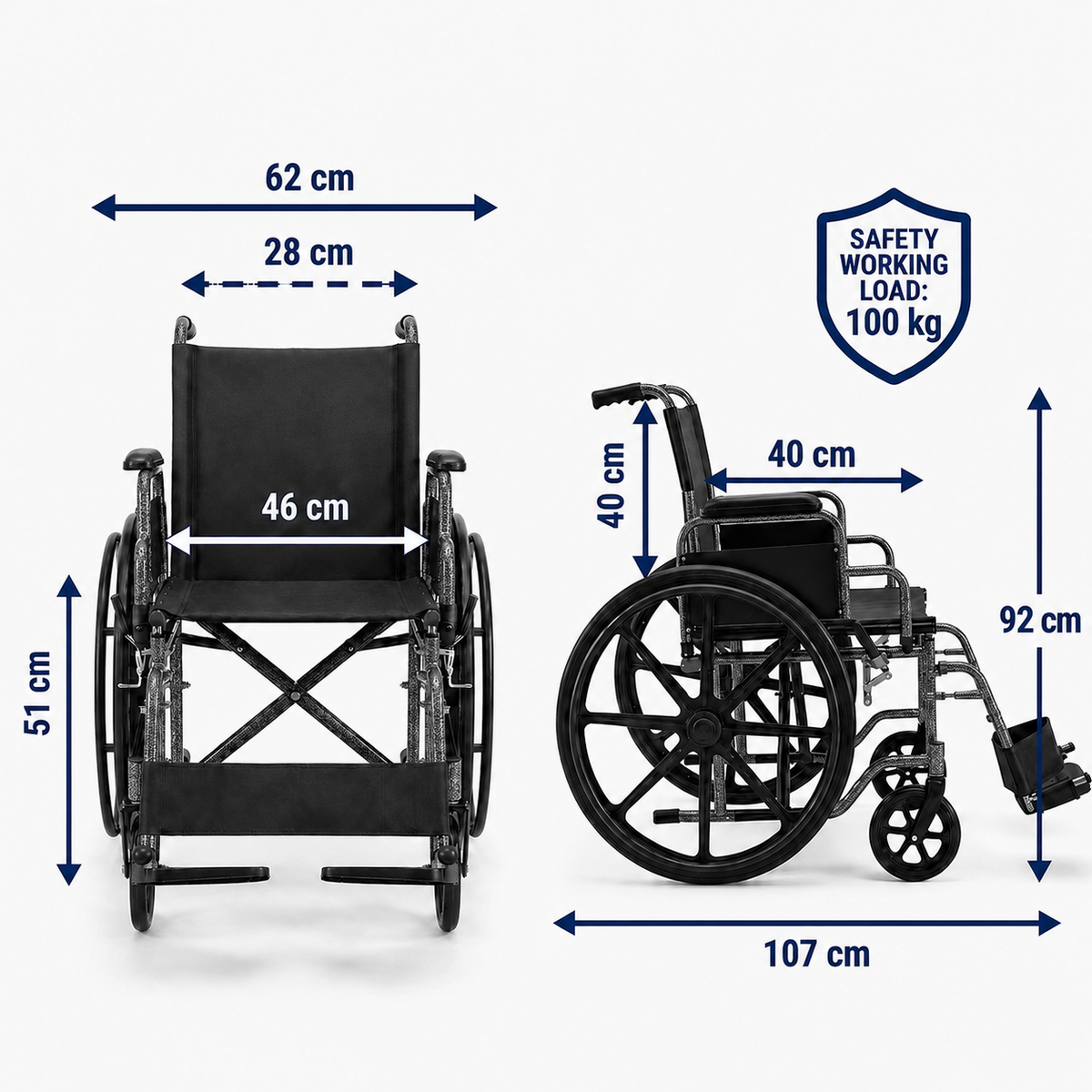 A wheelchair shown from front and side views with overlaid dimension arrows and labels, plus a blue shield icon reading 'SAFETY WORKING LOAD: 100 kg' on a light gray background.
