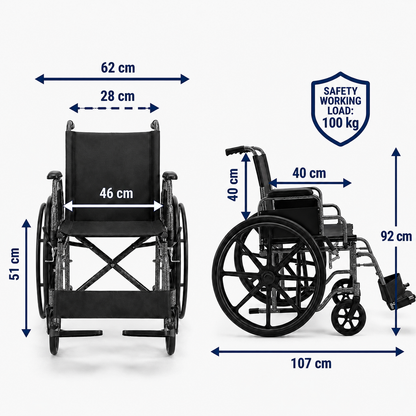 A wheelchair shown from front and side views with overlaid dimension arrows and labels, plus a blue shield icon reading 'SAFETY WORKING LOAD: 100 kg' on a light gray background.