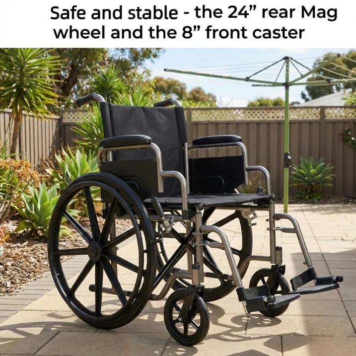 Equipped with 24 inch mag wheels and 8 inch front casters, the wheelchair provides stable and smooth movement for everyday indoor and outdoor use.