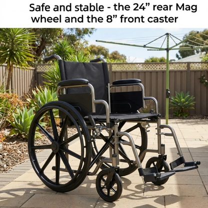 Equipped with 24 inch mag wheels and 8 inch front casters, the wheelchair provides stable and smooth movement for everyday indoor and outdoor use.