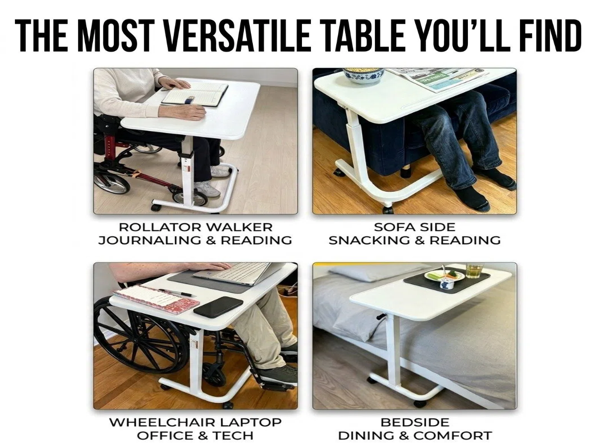 Promotional collage for a versatile white adjustable table with four inset lifestyle photos showing use in a wheelchair for journaling, reading, laptop/office work, and bedside dining or comfort. Large headline text at the top reads 'THE MOST VERSATILE TABLE YOU'LL FIND.