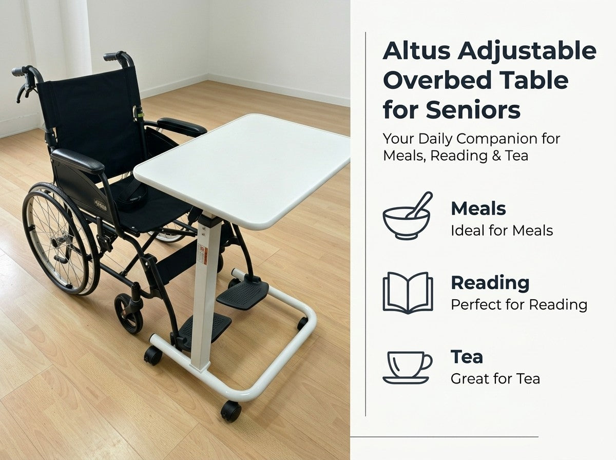 Altus adjustable overbed table for seniors shown attached to a black wheelchair in a bright room with wood flooring, with product text and icons on the right side.
