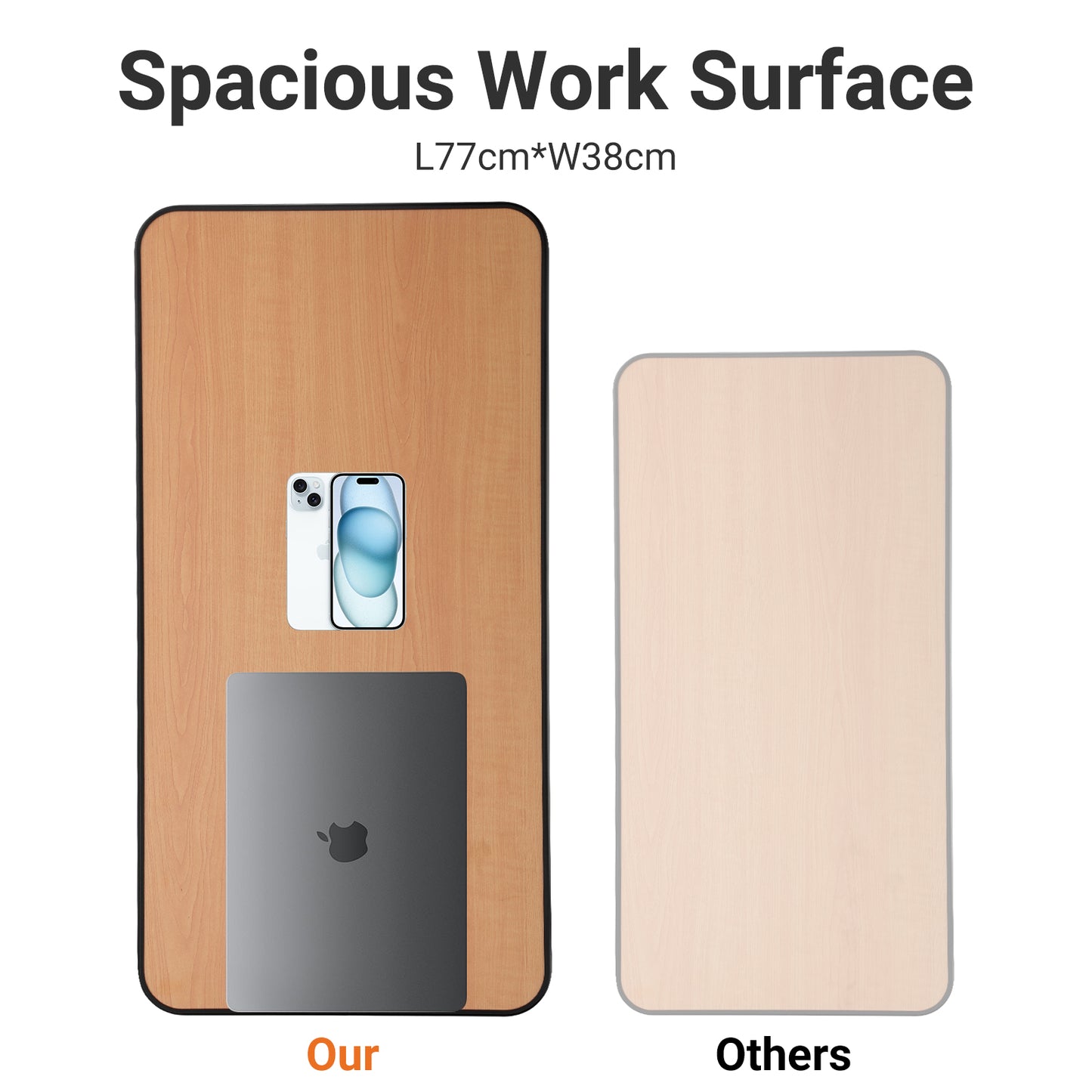The 77cm long and 38cm wide surface gives you more space than standard hospital tables. It comfortably holds laptops, meals, books, or care items, making it an ideal overbed tray for seniors or post-surgery recovery.