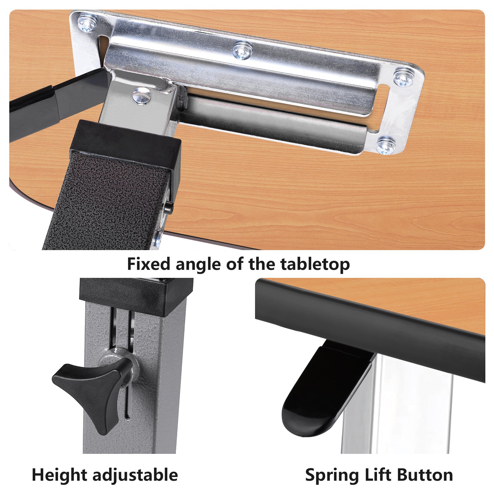 Detail of adjustable overbed table's fixed tabletop angle and spring lift button for height adjustment.