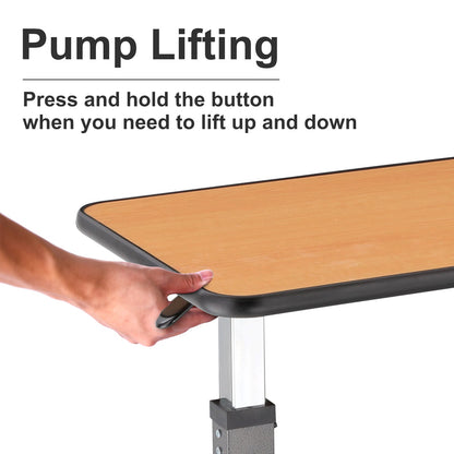 Close-up of adjustable overbed table's pump lift mechanism for easy height adjustment.