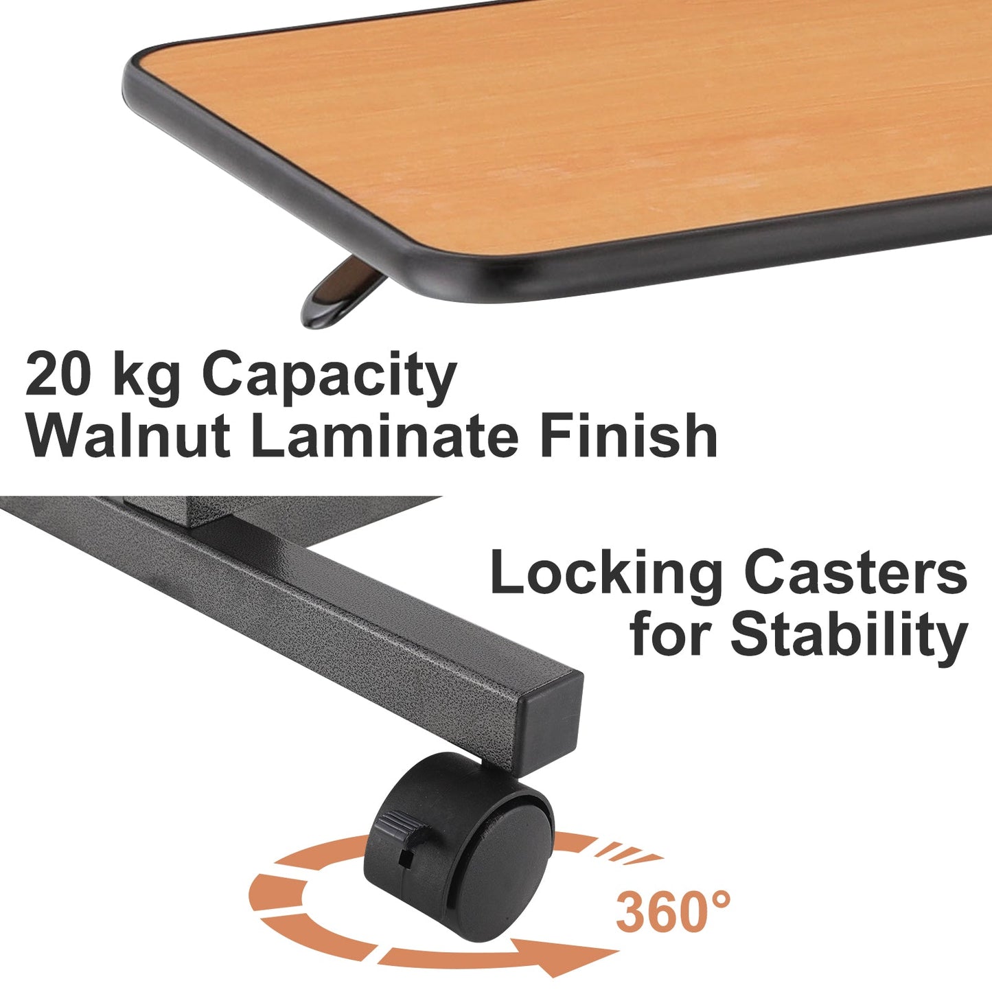 Overbed table with 20 kg capacity, walnut laminate surface, and 360-degree locking casters for stability