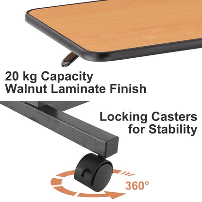 Overbed table with 20 kg capacity, walnut laminate surface, and 360-degree locking casters for stability