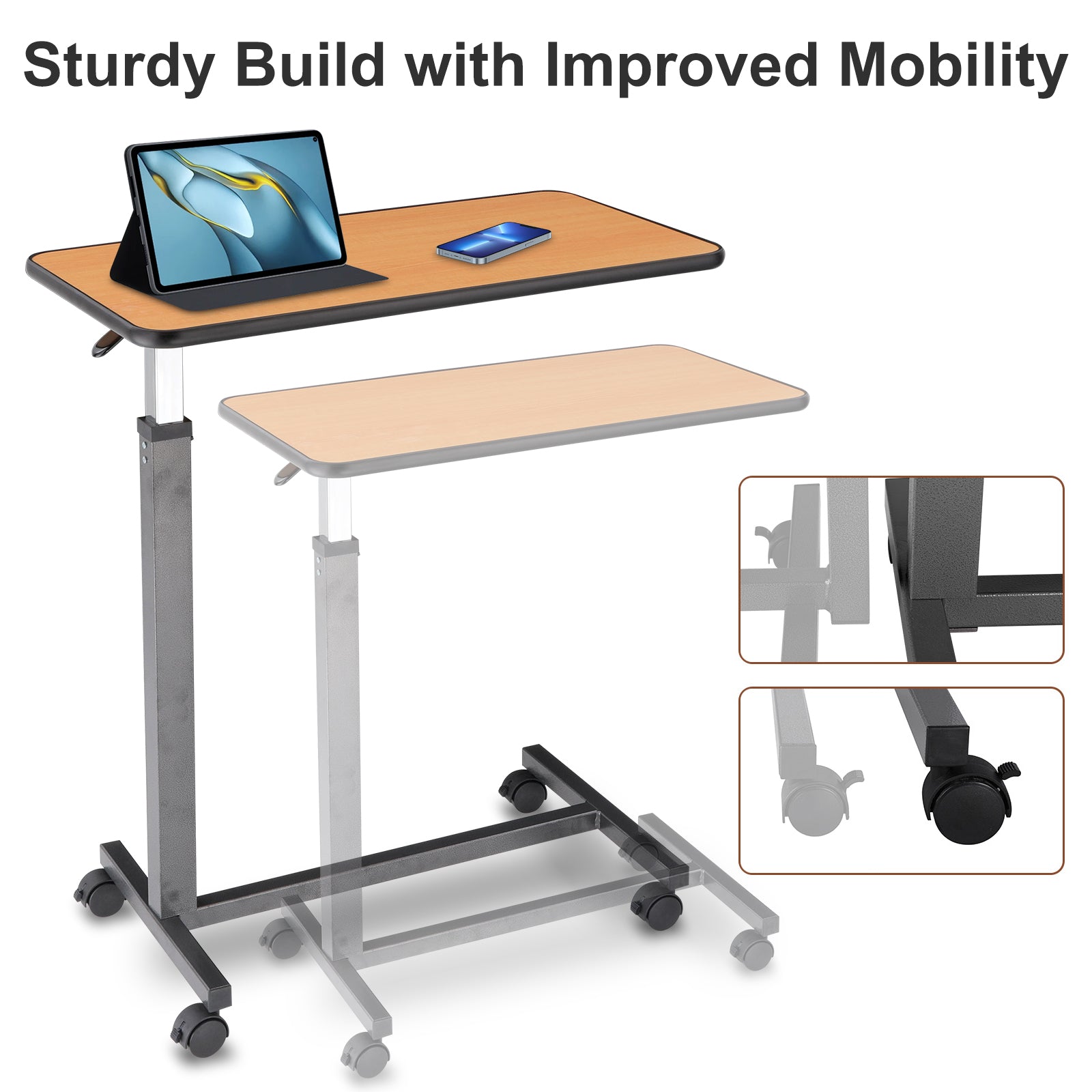 Sturdy adjustable overbed table with improved mobility and easy-to-move caster wheels.