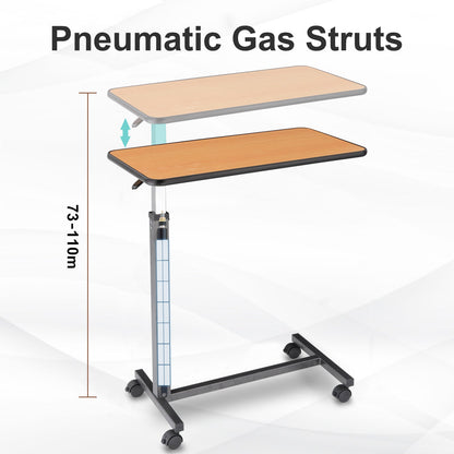 Height-adjustable overbed table with pneumatic gas struts for smooth raising and lowering.