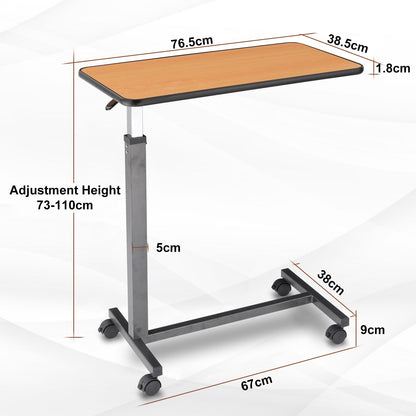 Dimensions of adjustable overbed table: 76.5 cm length, 38.5 cm width, and adjustable height from 73 to 110 cm.