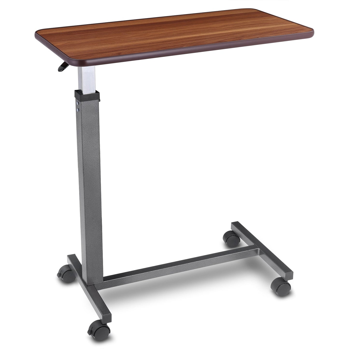 Overbed Table Basic Design: This image shows a basic overbed table with a walnut-colored laminate finish and a sturdy grey metal frame on four casters.