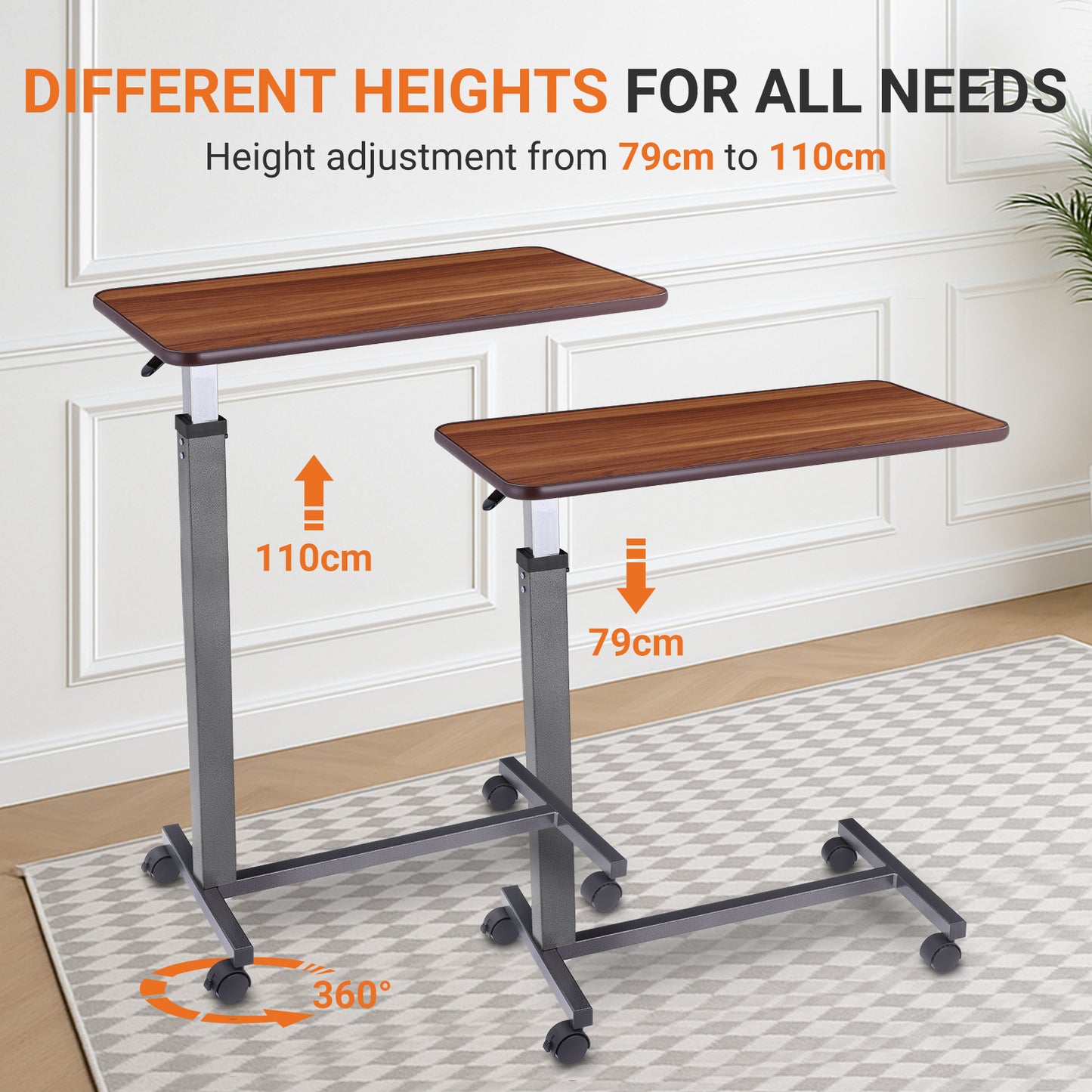 Height adjustable from 79cm to 110cm, this mobile bedside desk suits various needs—whether you're sitting, eating, working, or standing. The 360° swivel castors offer smooth movement in all directions, ideal for flexible home use.