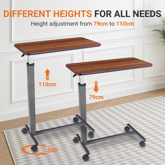 Height adjustable from 79cm to 110cm, this mobile bedside desk suits various needs—whether you're sitting, eating, working, or standing. The 360° swivel castors offer smooth movement in all directions, ideal for flexible home use.