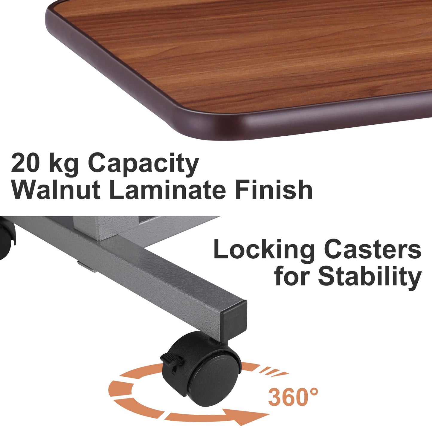 Wheel and Frame Detail: Close-up on the overbed table's heavy-duty casters with lock function and the robust metal frame supporting the table.