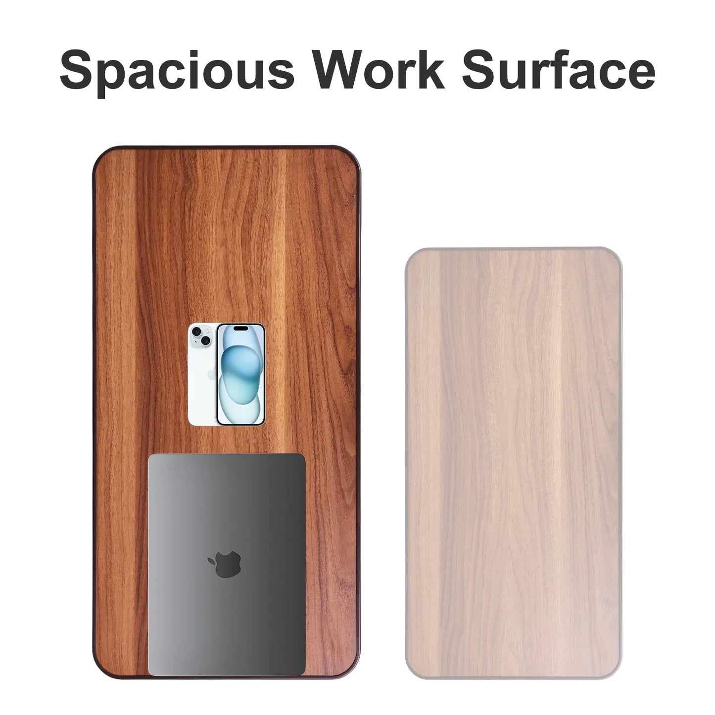 Tabletop Size and Comparison: Image depicting the generous size of the overbed table's walnut laminate surface compared to common devices like a smartphone and laptop.