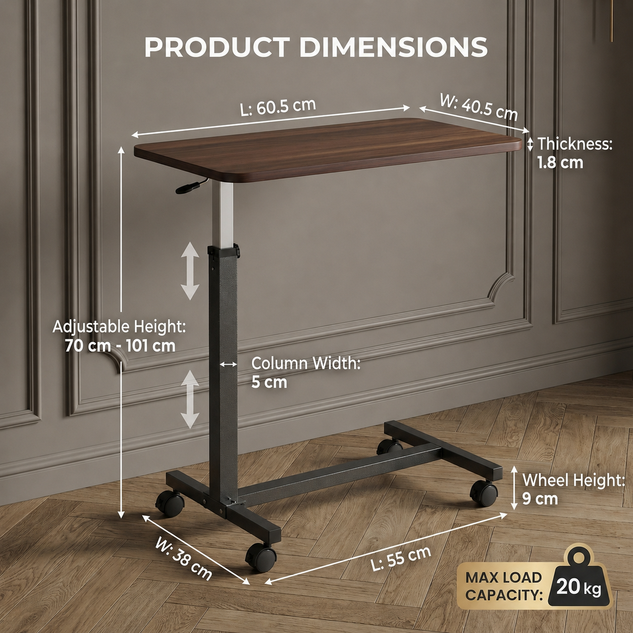 Adjustable height standing desk with wood-look top and dark metal frame on casters, shown with overlaid product dimension labels and a 20 kg load capacity badge against an indoor wall and wood floor background.