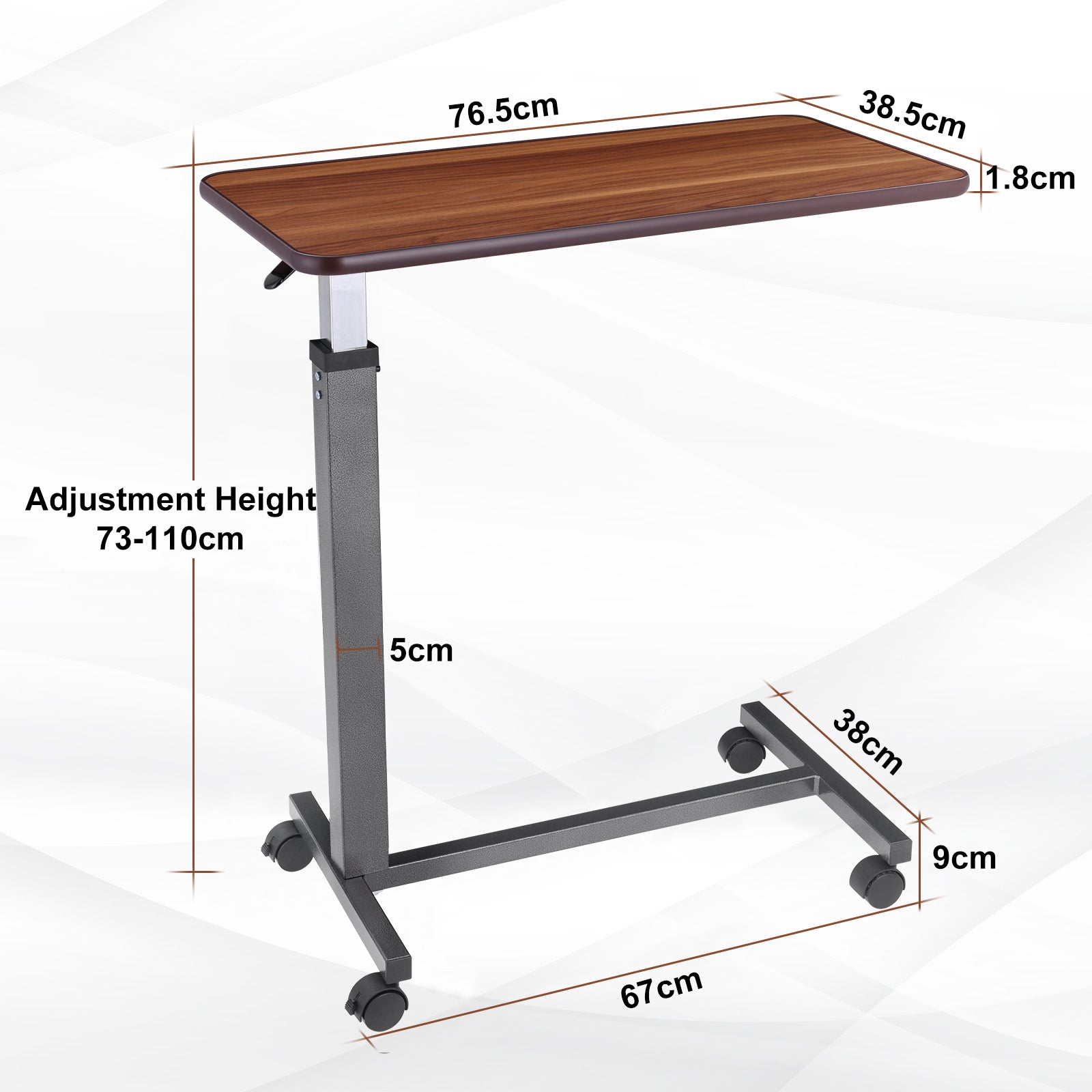 Dimensional Details of Table: Detailed dimensional breakdown of the overbed table, including height, tabletop size, and base measurements.