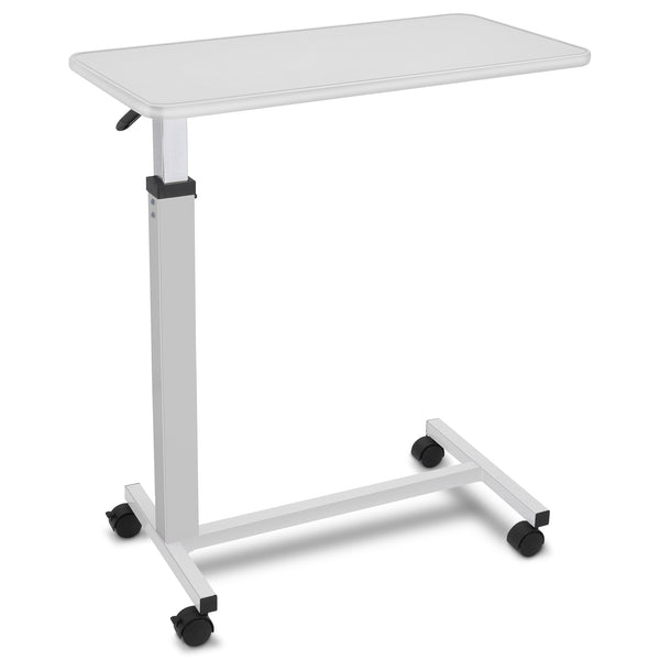 This adjustable overbed table features a minimalist white finish with a durable metal frame, suiting any home décor. The smooth tabletop and four black castors ensure easy mobility across bedrooms, lounges, and care environments.