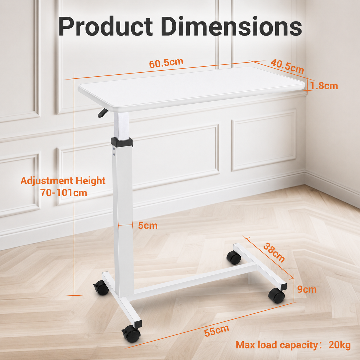 White adjustable height desk with dimensions labeled on a wooden floor.