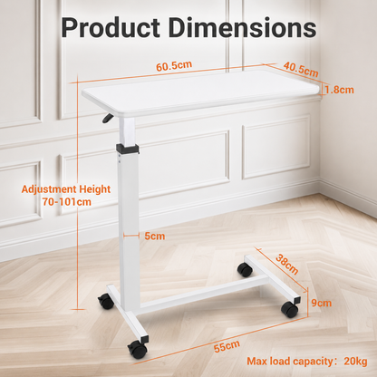 White adjustable height desk with dimensions labeled on a wooden floor.