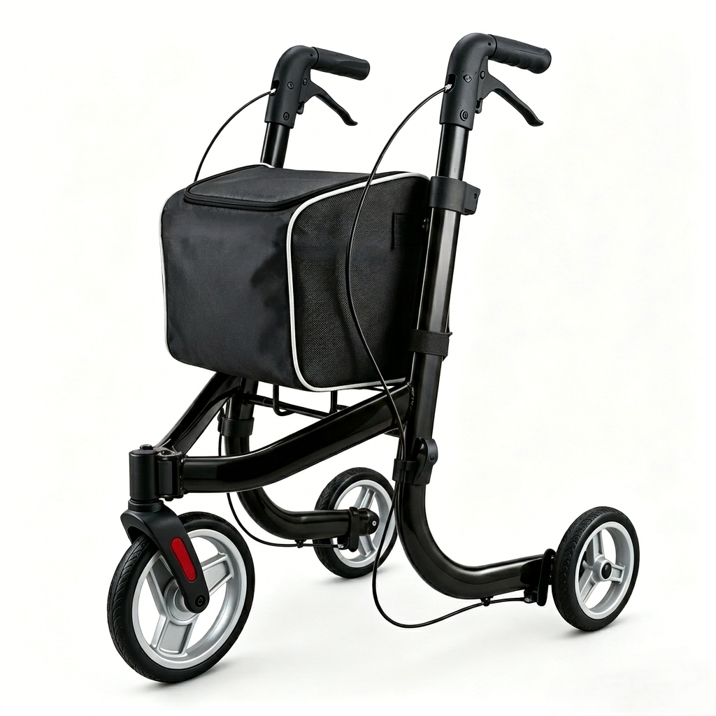 Altus Premium 3 Wheel Rollator Walker in Metallic Black finish featuring a lightweight aluminum frame with large black storage bag and ergonomic non slip handles