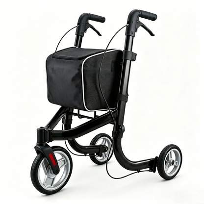 Altus Premium 3 Wheel Rollator Walker in Metallic Black finish featuring a lightweight aluminum frame with large black storage bag and ergonomic non slip handles