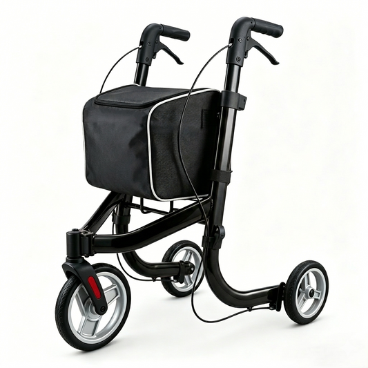 Altus Premium 3 Wheel Rollator Walker in Metallic Black finish featuring a lightweight aluminum frame with large black storage bag and ergonomic non slip handles