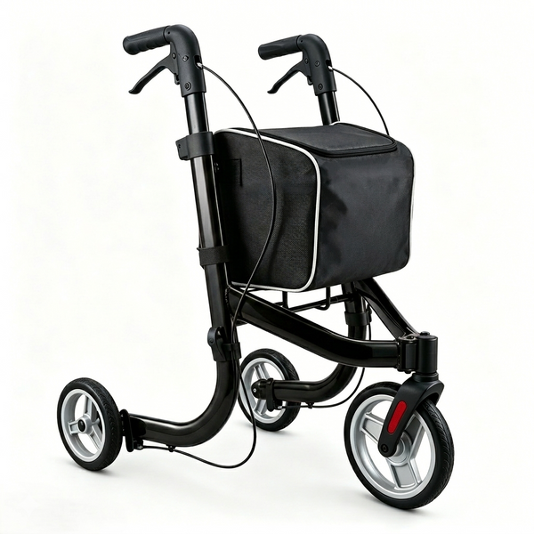 Altus Premium 3 Wheel Rollator Walker in Metallic Black finish featuring a lightweight aluminum frame with large black storage bag and ergonomic non slip handles