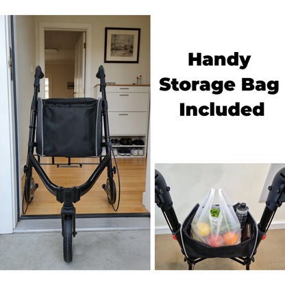 Spacious removable storage bag mounted on a three wheel walker designed to carry daily groceries personal belongings and shopping items for independent mobility

