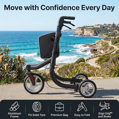 Ultra lightweight three wheel rollator with core advantages including a folding aluminum frame durable PU solid tires and easy to use hand brake system for seniors