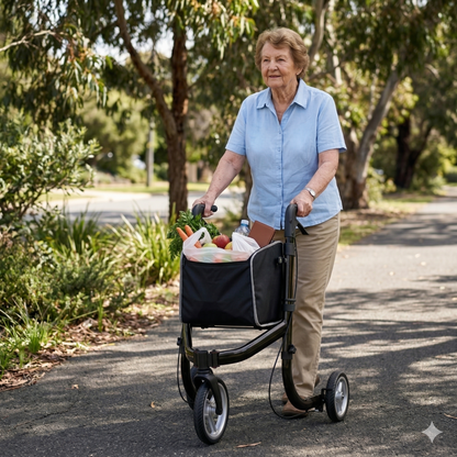 Daily life application showing an elderly lady using her three wheel walking aid to carry a bag full of fresh vegetables and fruits along a paved outdoor walkway