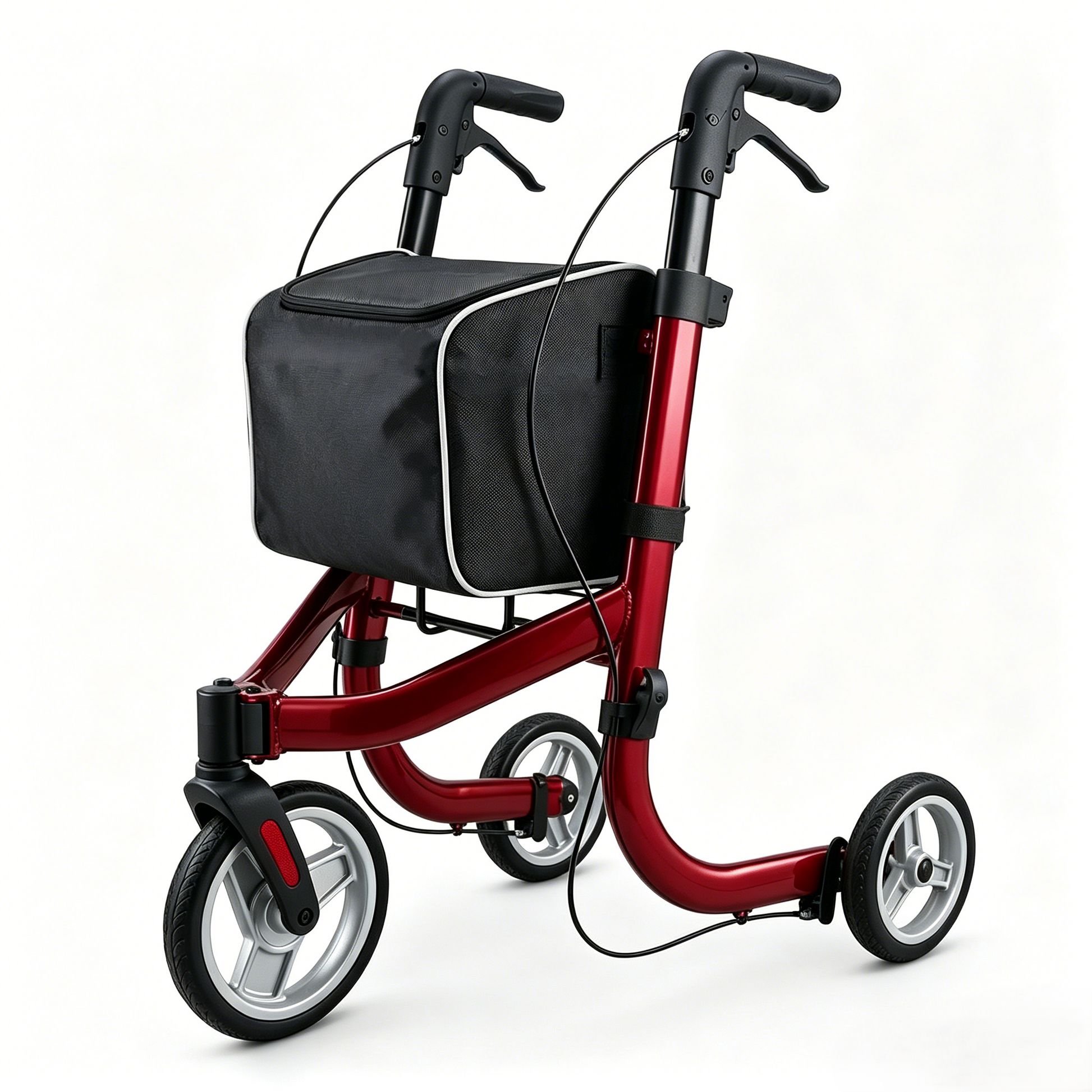 Altus Premium 3 Wheel Rollator Walker in Metallic Red finish featuring a lightweight aluminum frame with large black storage bag and ergonomic non slip handles