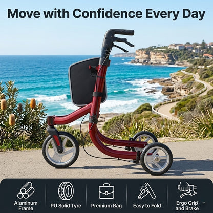 Ultra lightweight three wheel rollator with core advantages including a folding aluminum frame durable PU solid tires and easy to use hand brake system for seniors