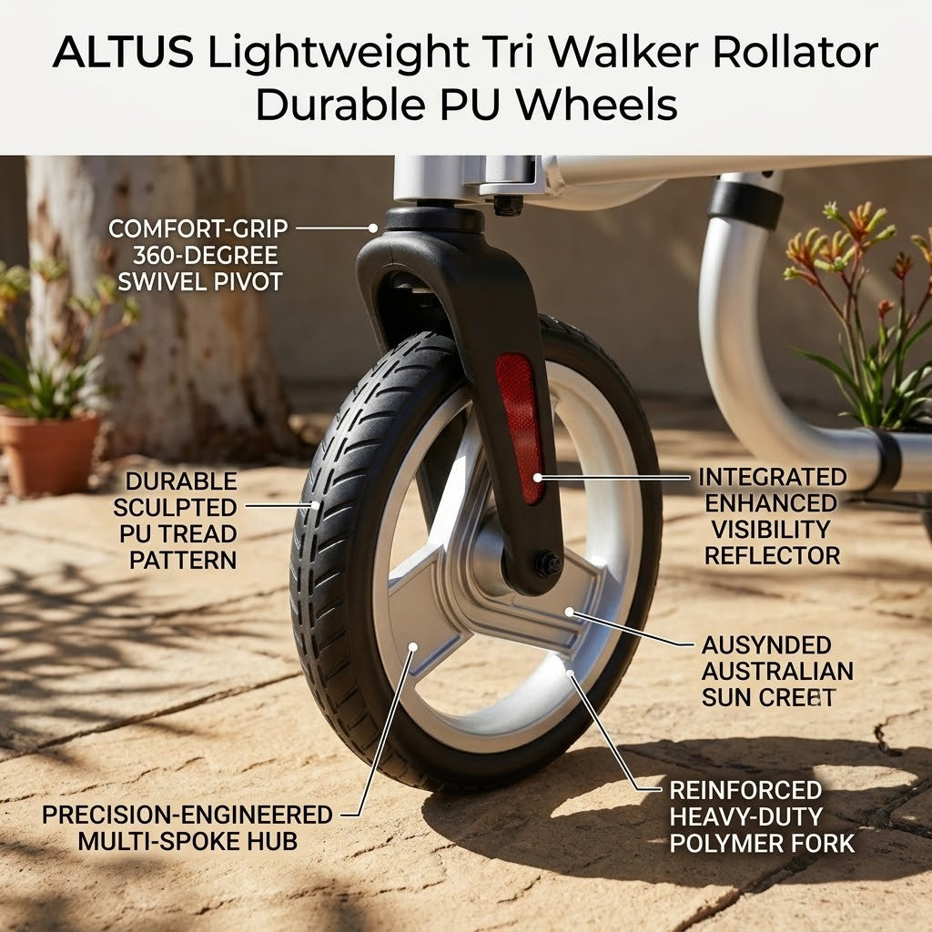 Detailed view of 3 wheel rollator swivel front wheel with durable anti slip PU tread and high visibility reflectors on a reinforced polymer fork for safe walking