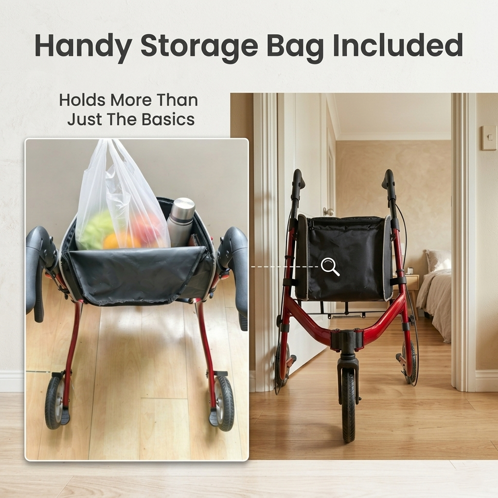 Spacious removable storage bag mounted on a three wheel walker designed to carry daily groceries personal belongings and shopping items for independent mobility