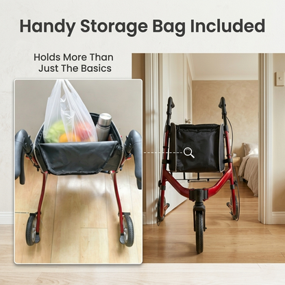 Spacious removable storage bag mounted on a three wheel walker designed to carry daily groceries personal belongings and shopping items for independent mobility