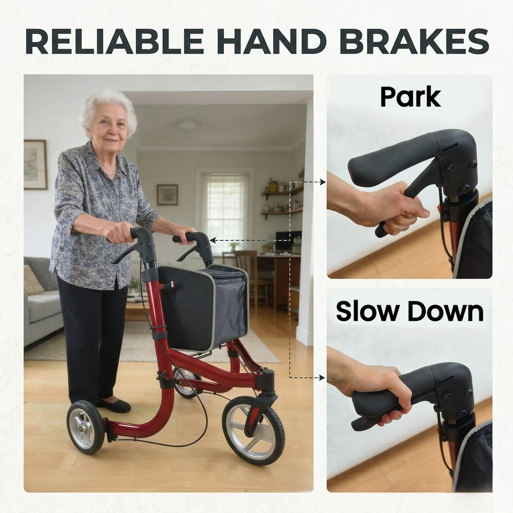 Close up of the reliable hand brake system on a tri wheel walker providing essential speed control and a secure parking lock function for user safety and stability