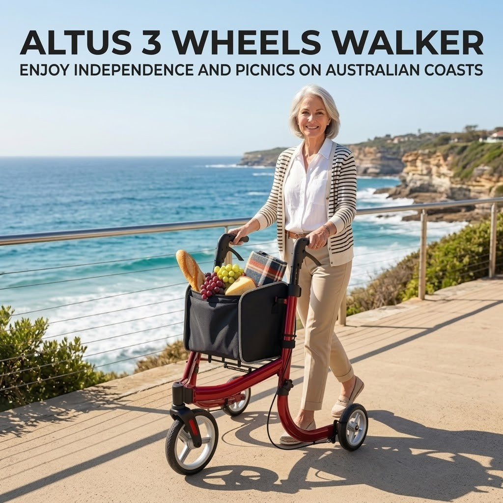 Outdoor lifestyle scene showing a senior woman walking with her red tri wheel rollator on a coastal path while carrying picnic supplies in the front storage pouch