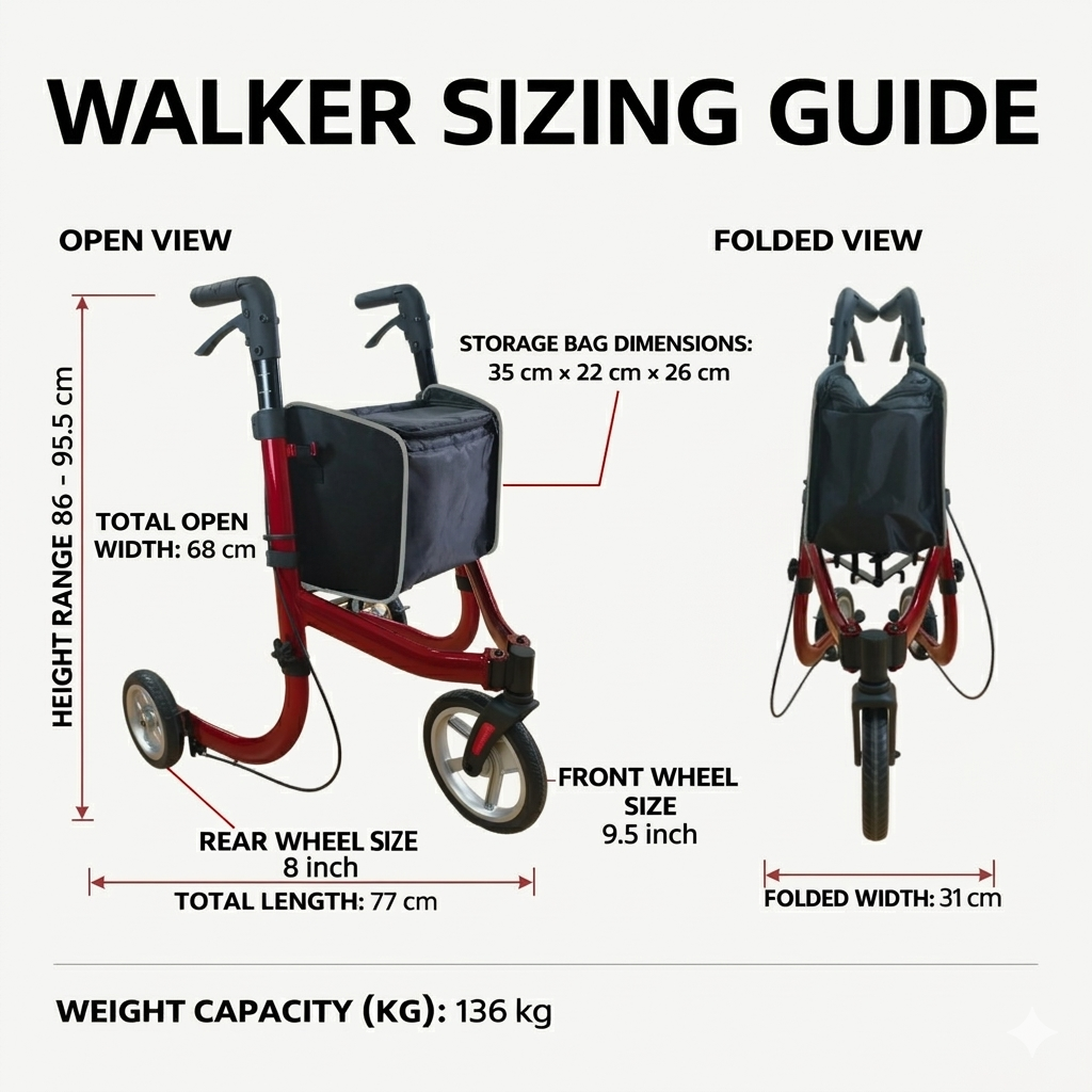 Specification chart for the 3 wheel rollator highlighting the 136kg weight capacity compact 31cm folding width and overall dimensions for home storage