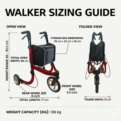 Specification chart for the 3 wheel rollator highlighting the 136kg weight capacity compact 31cm folding width and overall dimensions for home storage