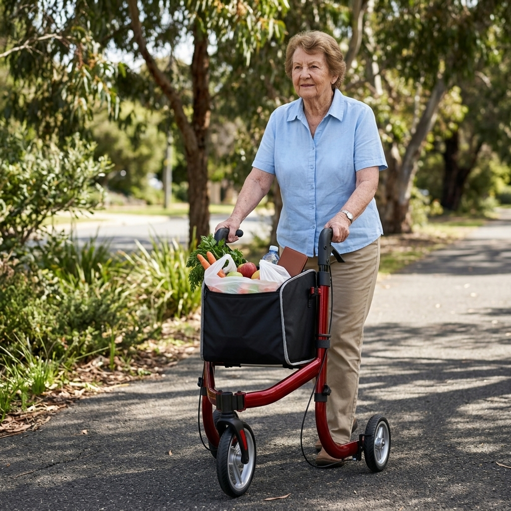 Daily life application showing an elderly lady using her three wheel walking aid to carry a bag full of fresh vegetables and fruits along a paved outdoor walkway