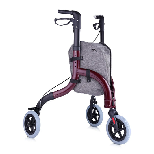 A detailed view of the Altus Euro Style Rollator, featuring a large storage bag and a sleek design. 