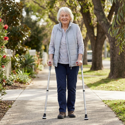 An elderly woman with white hair stands on a sidewalk using forearm crutches outdoors. She is wearing a light gray puffer vest over a patterned blouse, dark blue pants, and brown shoes.