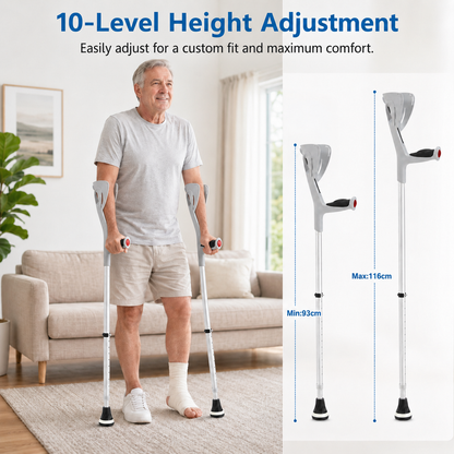 An older man stands indoors using a pair of adjustable forearm crutches, with text at the top reading '10-Level Height Adjustment' and side diagrams showing height adjustment options. The product is shown in a real living-room setting, so this is Lifestyle rather than Product/Packaging.
