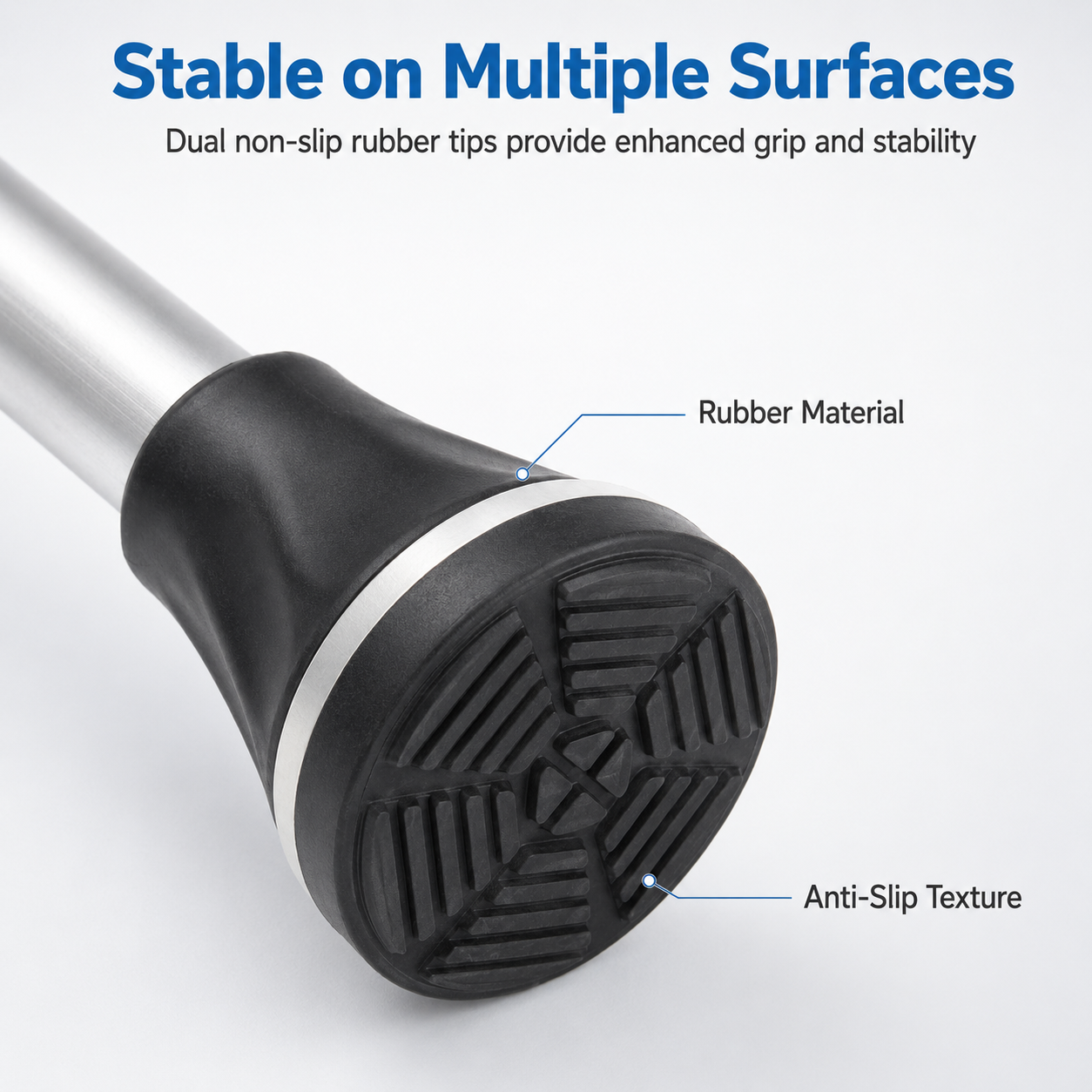 Close-up of a cane or walking stick tip with text callouts reading 'Stable on Multiple Surfaces,' 'Rubber Material,' and 'Anti-Slip Texture,' showing a black rubber base, silver band, and metallic shaft on a light gray background.