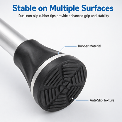 Close-up of a cane or walking stick tip with text callouts reading 'Stable on Multiple Surfaces,' 'Rubber Material,' and 'Anti-Slip Texture,' showing a black rubber base, silver band, and metallic shaft on a light gray background.