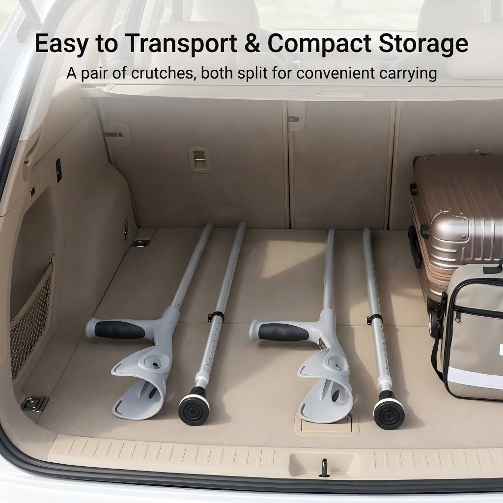 A pair of white and black split crutches displayed inside a beige car trunk alongside a suitcase, with text overlay reading 'Easy to Transport & Compact Storage'.