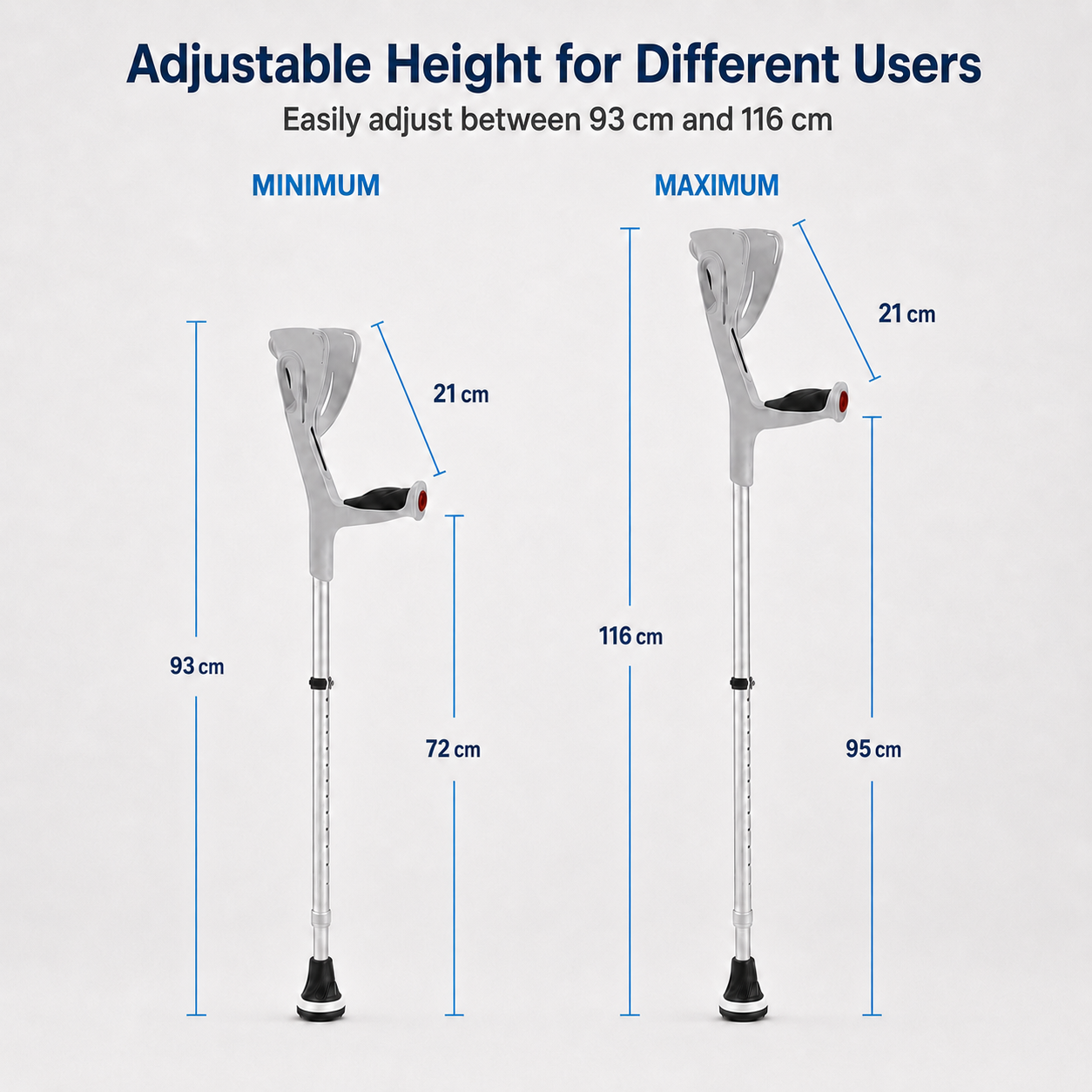 Adjustable height diagram for a forearm crutch, showing minimum and maximum leg lengths with measurement labels and blue dimension lines on a light gray background.