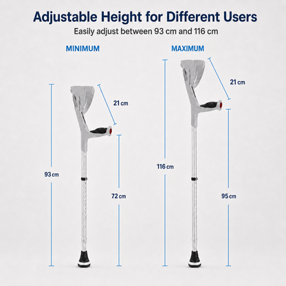 Adjustable height diagram for a forearm crutch, showing minimum and maximum leg lengths with measurement labels and blue dimension lines on a light gray background.